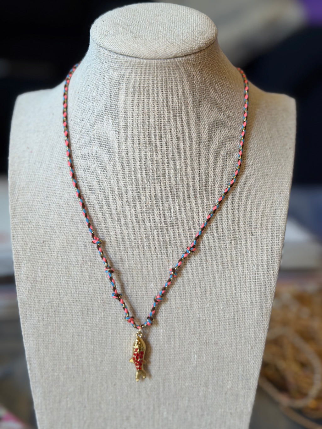Colored Wrap with Fish Charm Necklace