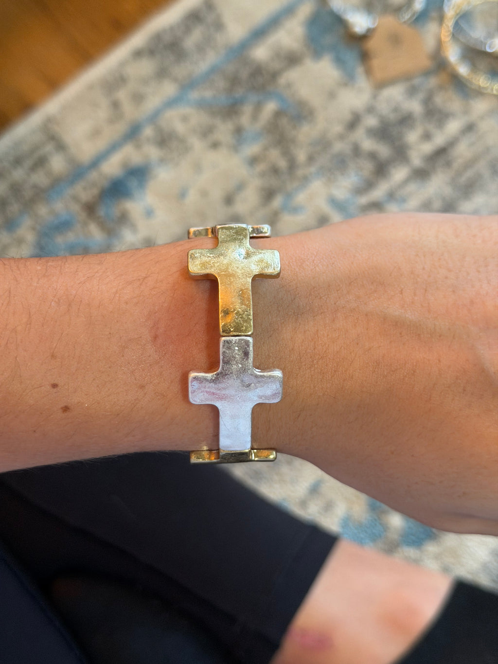 Mixed Metal Stretchy Cross Bracelet