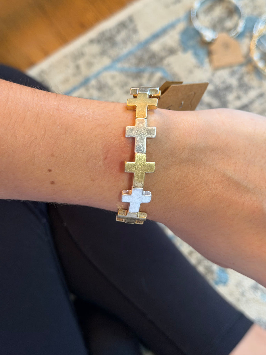 Mini Mixed Metal Stretchy Cross Bracelet