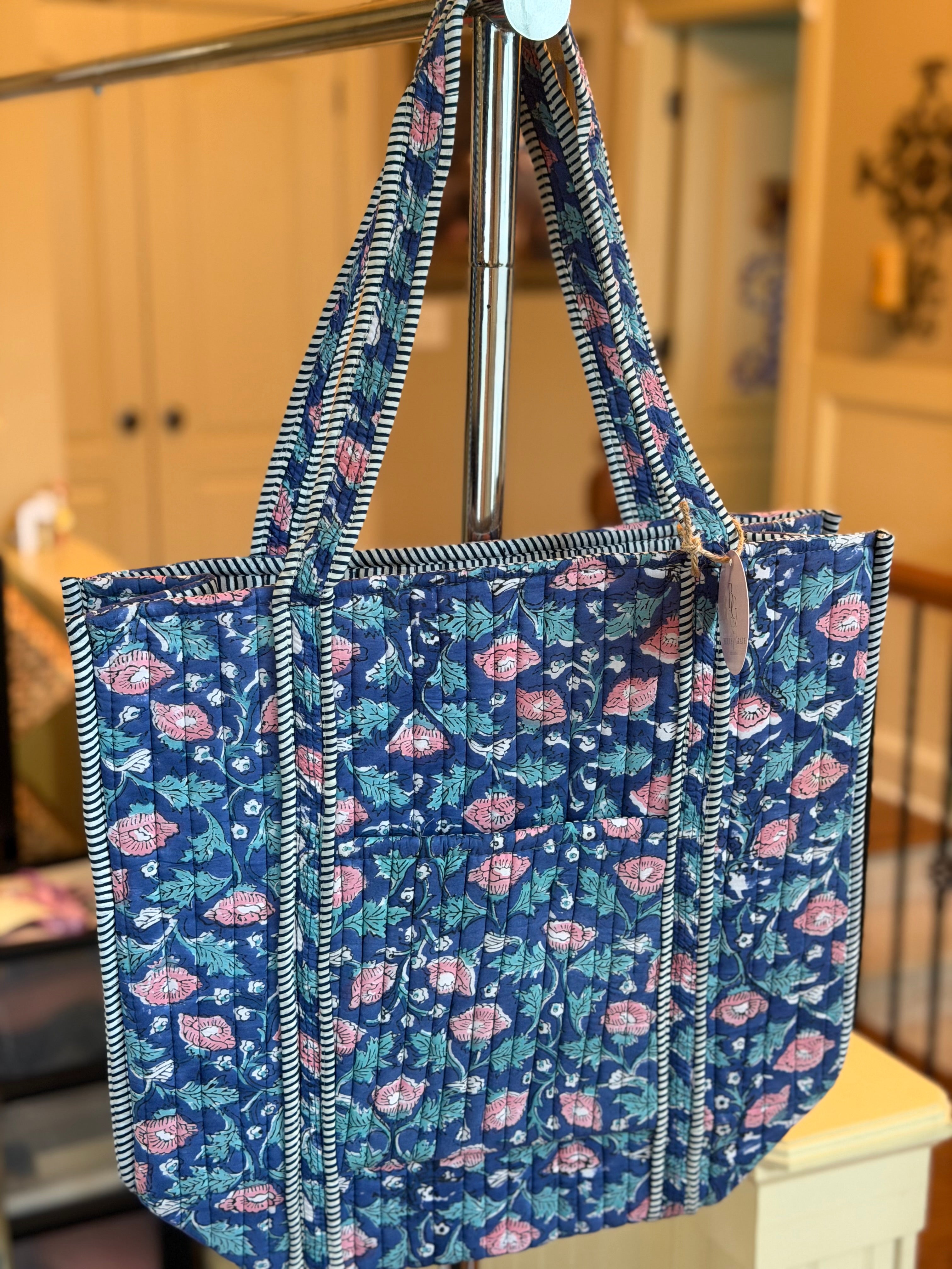 Blue Floral Quilted Tote