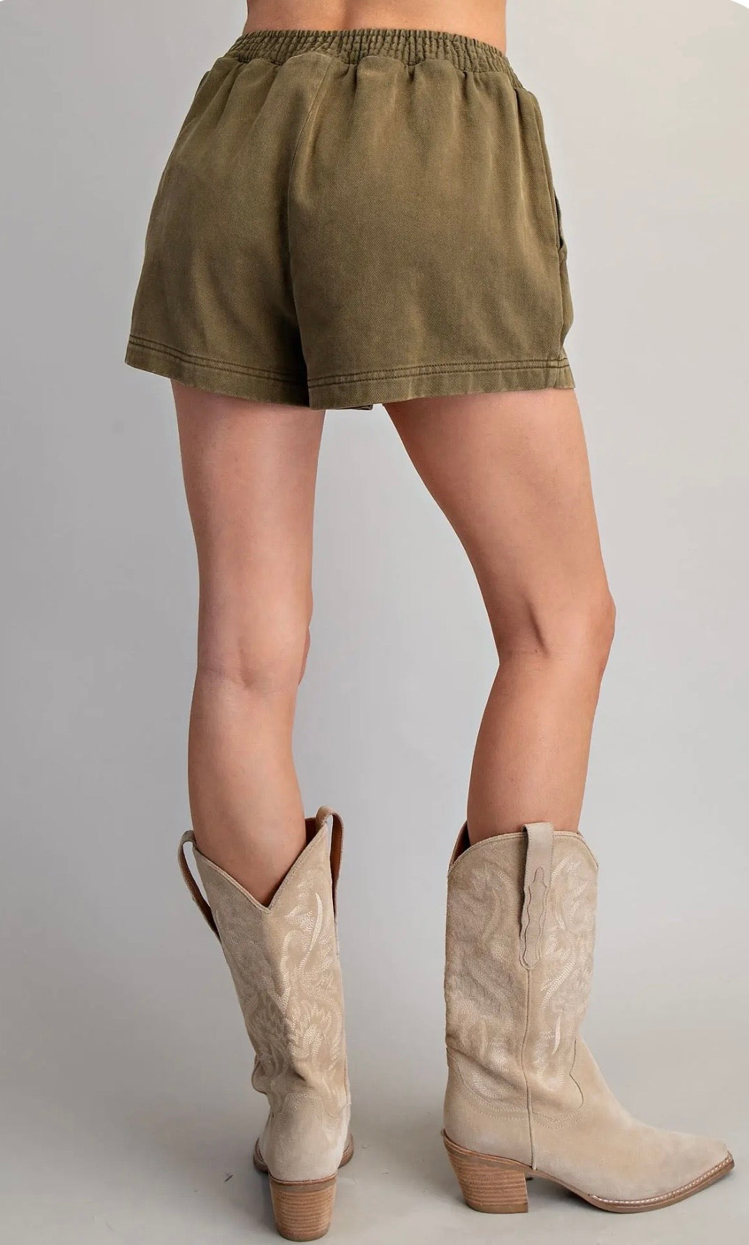 Olive Elastic Waist Denim Shorts