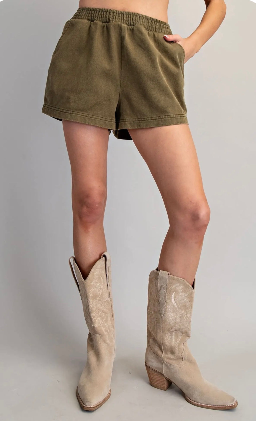Olive Elastic Waist Denim Shorts