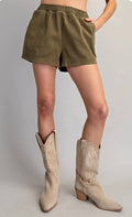 Olive Elastic Waist Denim Shorts