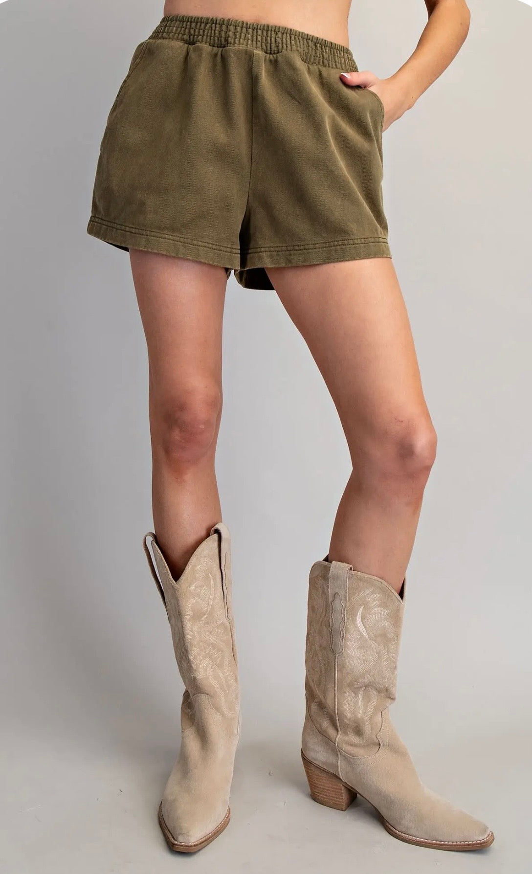 Olive Elastic Waist Denim Shorts