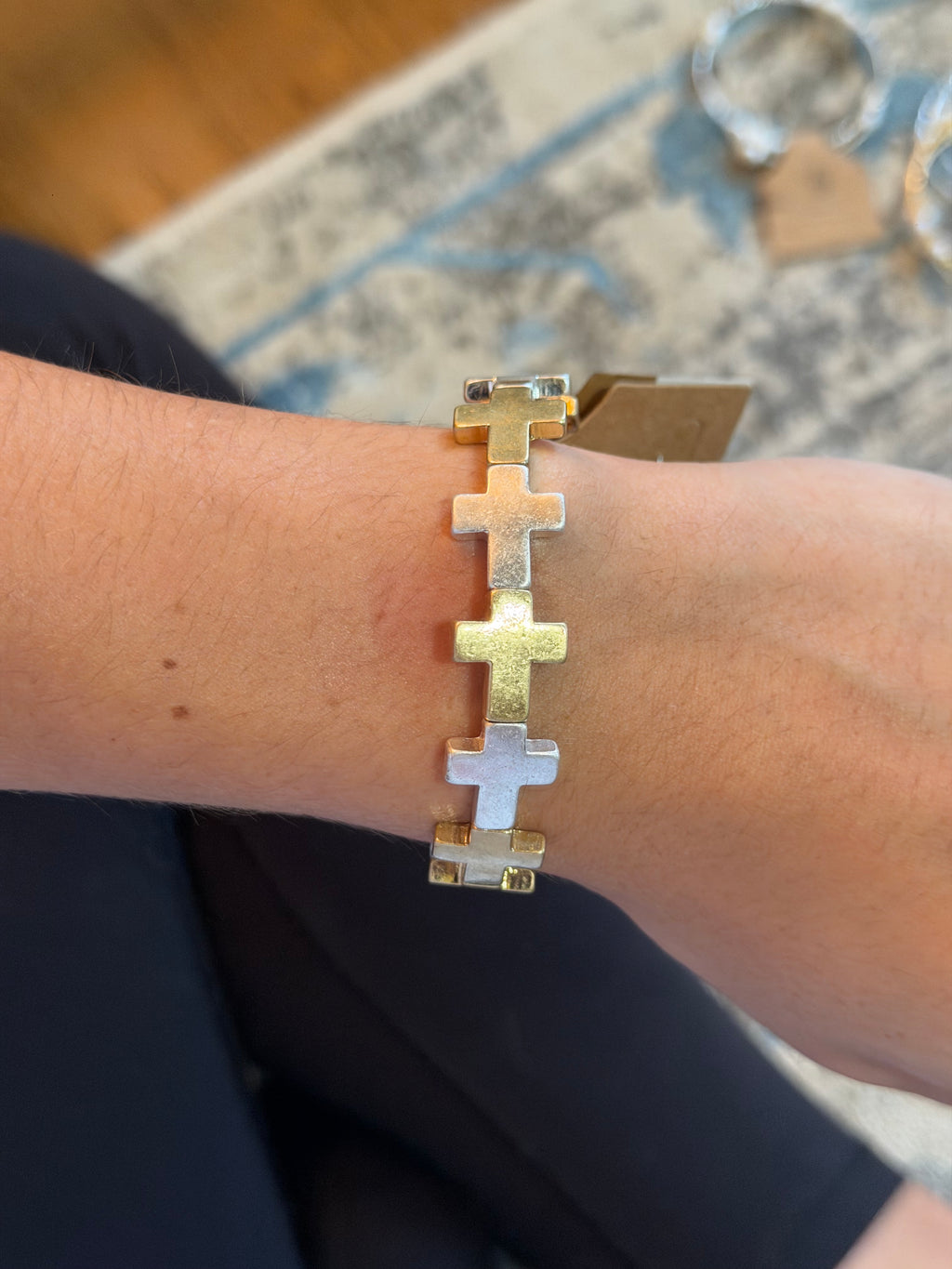 Mini Mixed Metal Stretchy Cross Bracelet