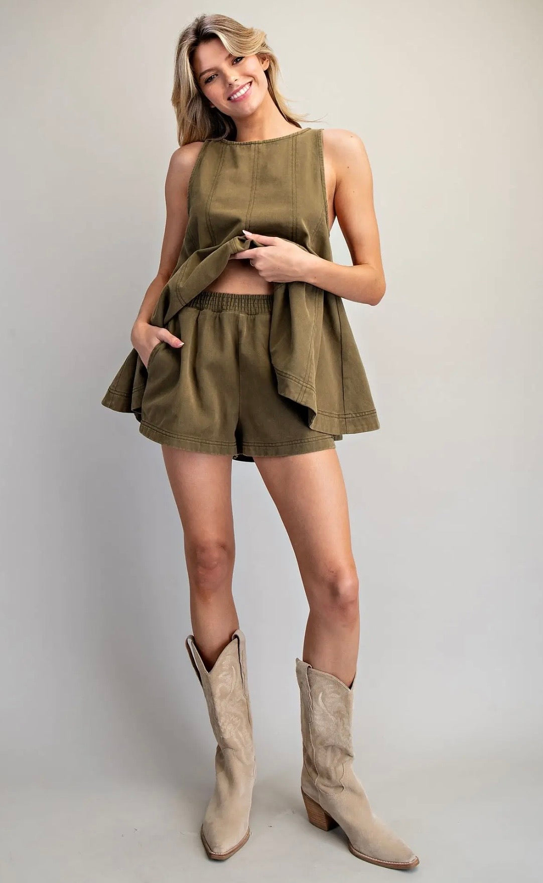 Olive Elastic Waist Denim Shorts