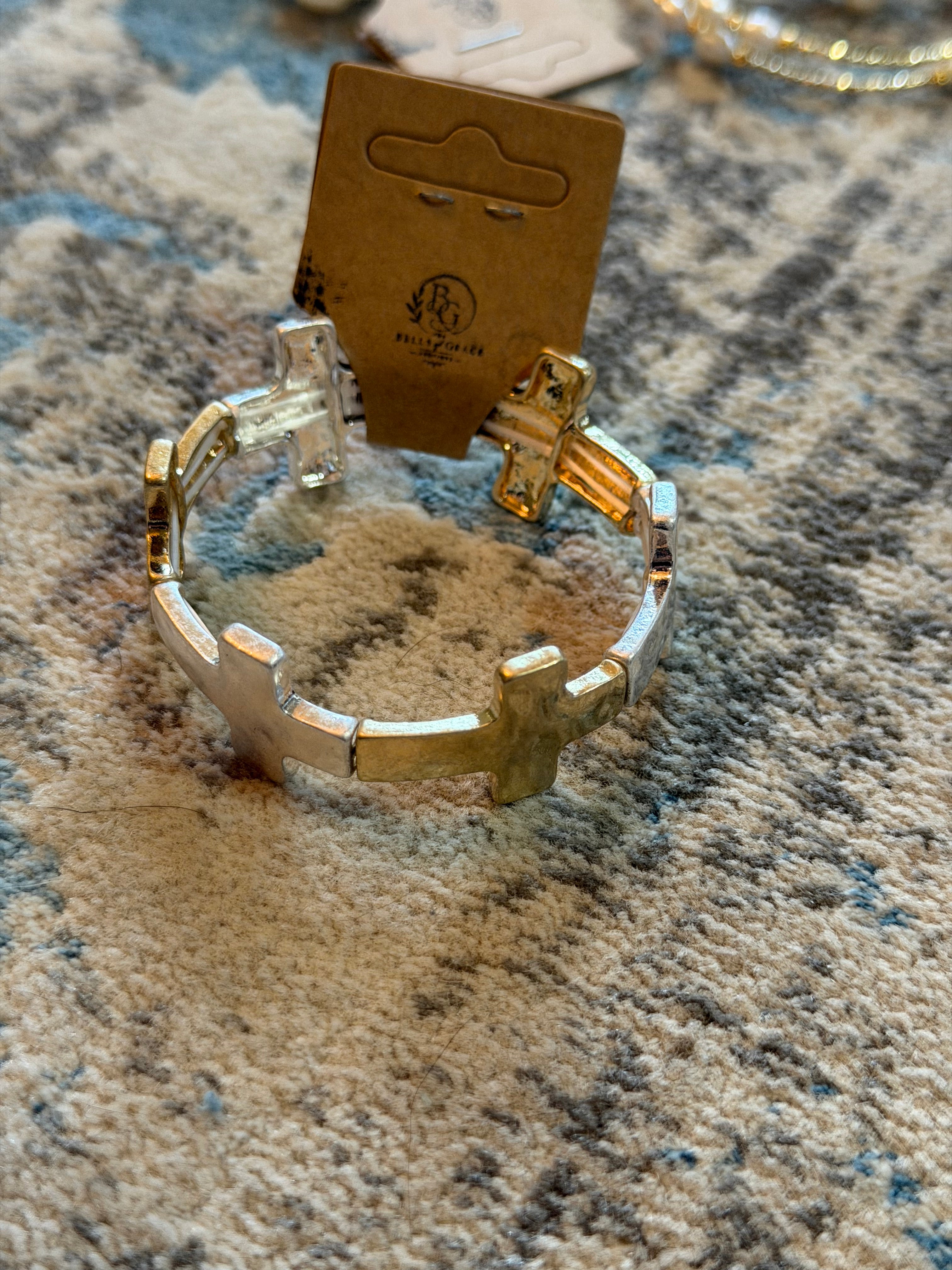 Mixed Metal Stretchy Cross Bracelet