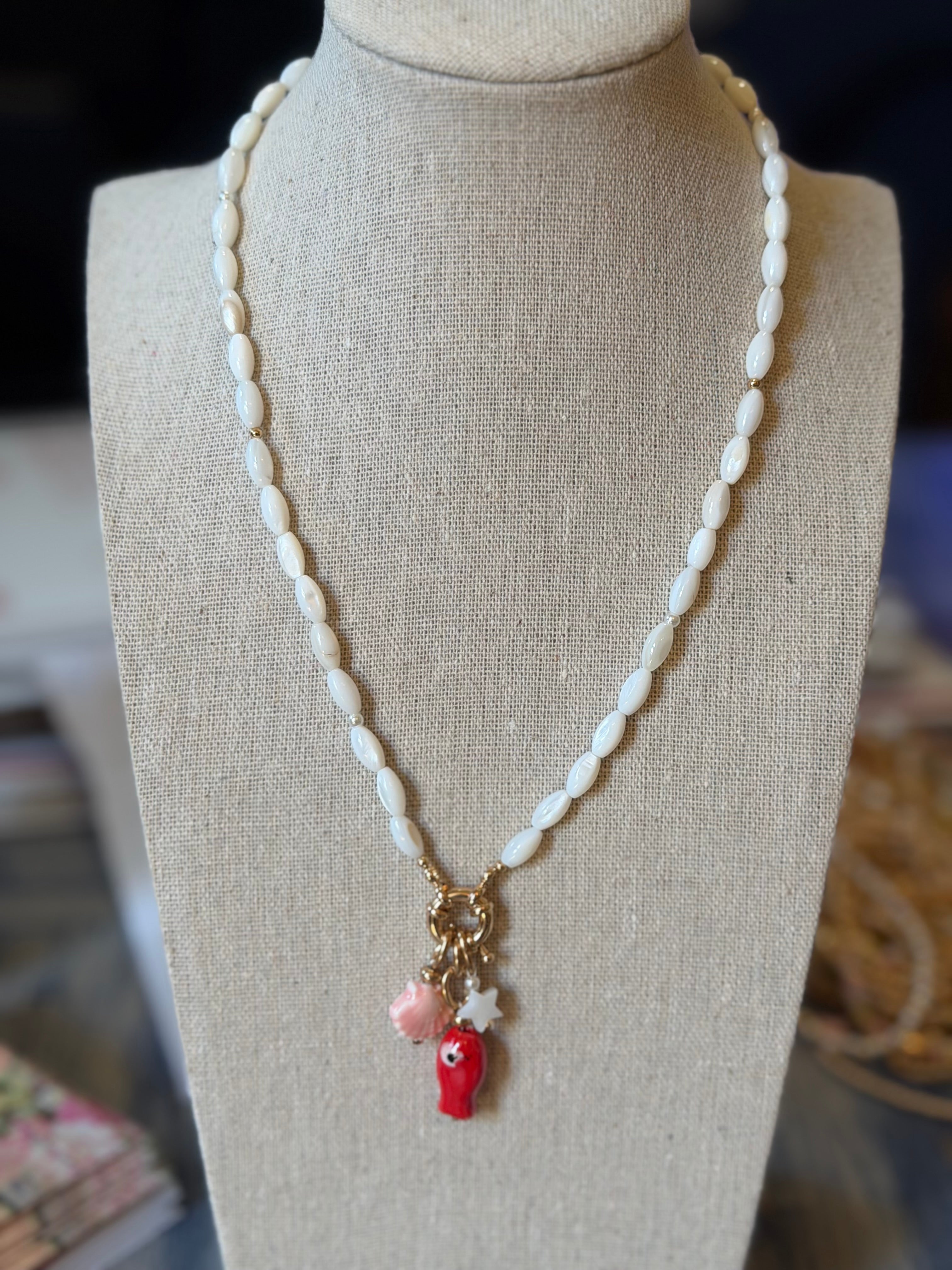 White Beaded Fish Charm Necklace